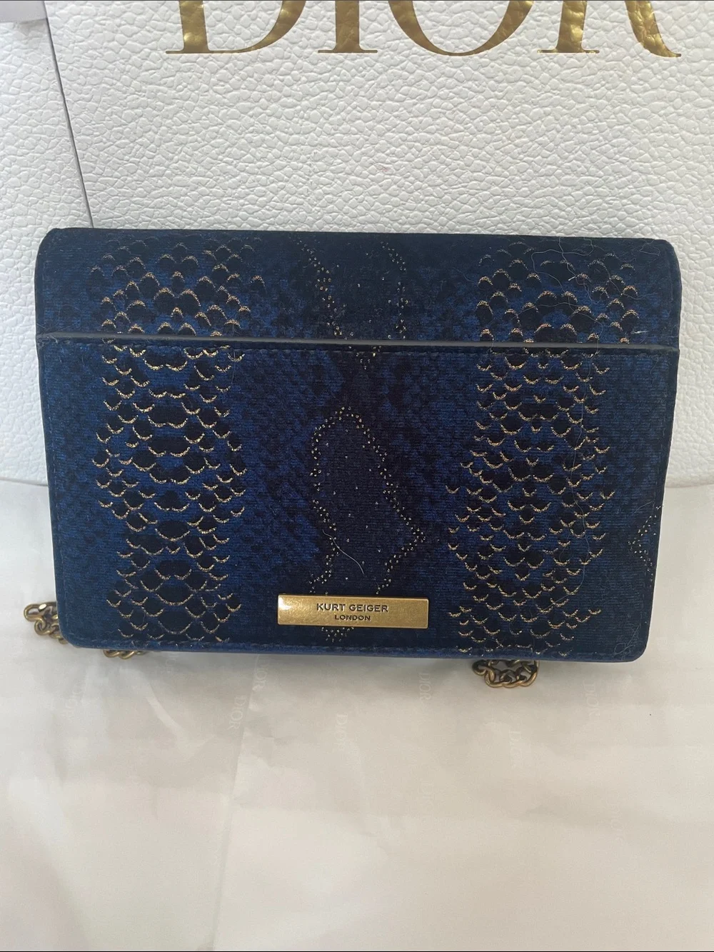 Kurt Geiger Navy Blue Python-Effect Chain Clutch Crossbody Bag Gold Shoreditch